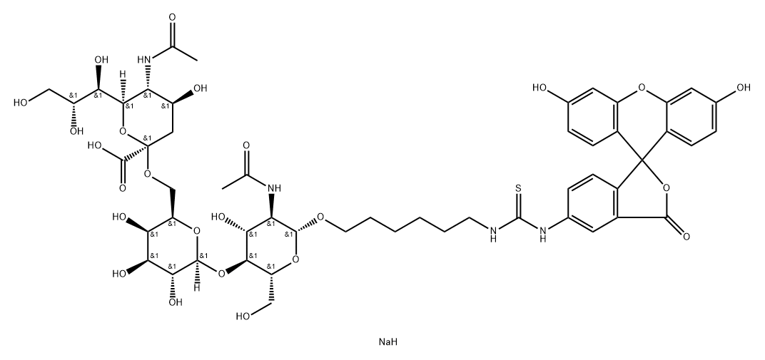 Thiourea, N-6-O-(N-acetyl-.alpha.-neuraminosyl)-(26)-O-.beta.-D-galactopyranosyl-(14)-2-(acetylamino)-2-deoxy-.beta.-D-glucopyranosyloxyhexyl-N-(3,6-dihydroxy-3-oxospiroisobenzofuran-1(3H),9-9Hxanthen-5-yl)-, disodium salt,184294-04-0,结构式