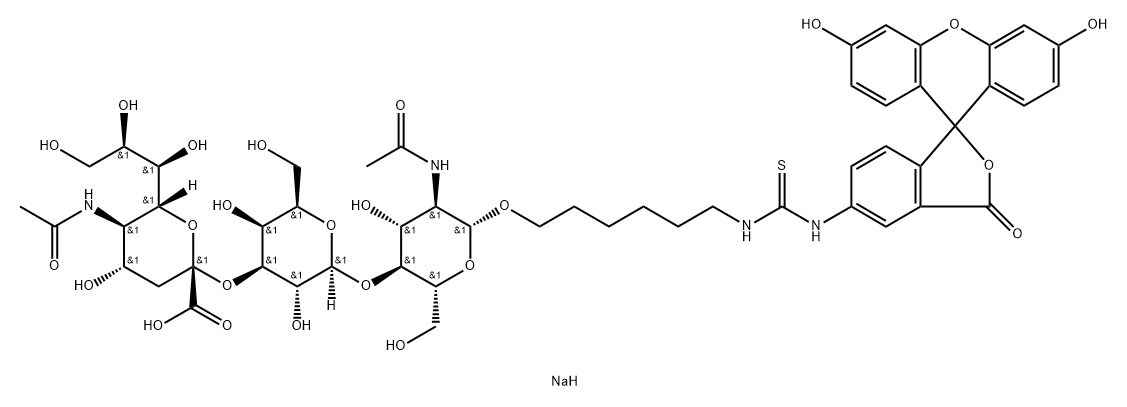 Thiourea, N-6-O-(N-acetyl-.alpha.-neuraminosyl)-(23)-O-.beta.-D-galactopyranosyl-(14)-2-(acetylamino)-2-deoxy-.beta.-D-glucopyranosyloxyhexyl-N-(3,6-dihydroxy-3-oxospiroisobenzofuran-1(3H),9-9Hxanthen-5-yl)-, disodium salt,184294-05-1,结构式