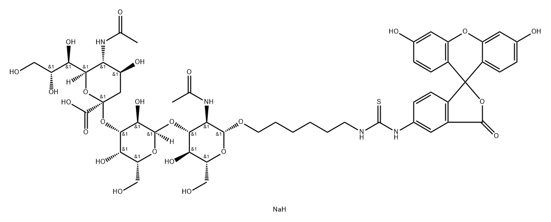 Thiourea, N-6-O-(N-acetyl-.alpha.-neuraminosyl)-(23)-O-.beta.-D-galactopyranosyl-(13)-2-(acetylamino)-2-deoxy-.beta.-D-glucopyranosyloxyhexyl-N-(3,6-dihydroxy-3-oxospiroisobenzofuran-1(3H),9-9Hxanthen-5-yl)-, disodium salt,184294-06-2,结构式