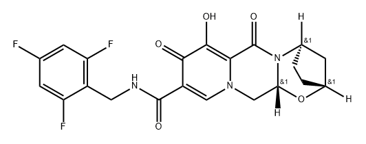 (2R,5R,13aR)-8-Hydroxy-7,9-dioxo-N-(2,4,6-trifluorobenzyl)-2,3,4,5,7,9,13,13a-octahydro-2,5-methanopyrido[1'',2'':4,5]pyrazino[2,1-b][1,3]oxazepine-10-carboxamide 化学構造式