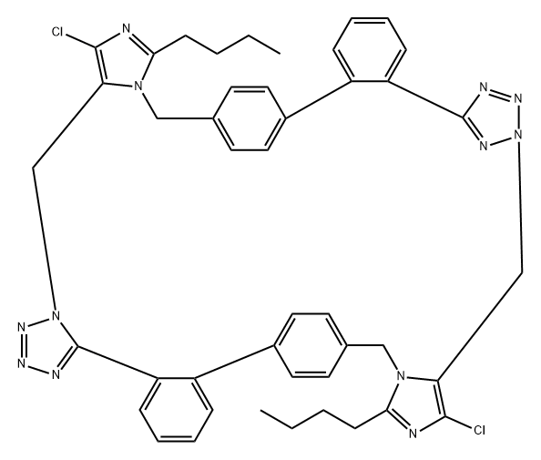 9H,32H-15,18:33,36-Dietheno-8,5-nitrilo-14H,27H-benzo[m]diimidazo[5,1-f:5',1'-r]tetrazolo[5,1-o][2,3,4,7,16,19]benzohexaazacyclohexacosine, 12,30-dibutyl-10,28-dichloro- 化学構造式