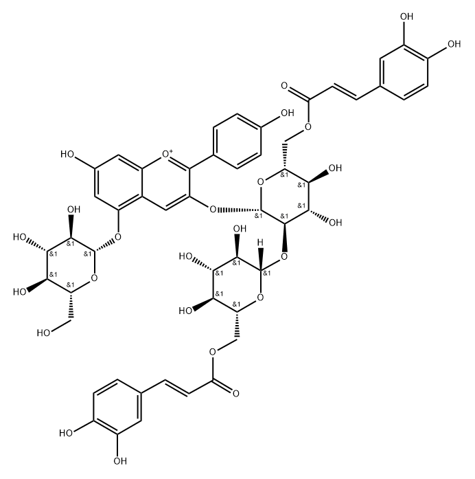 天竺葵色素-3-O-[6-O-(E)-咖啡酰-2-O-{6-O-(E)-咖啡酰-Β-D-葡萄糖苷}-Β-D-葡萄糖苷]-5-葡萄糖苷 结构式