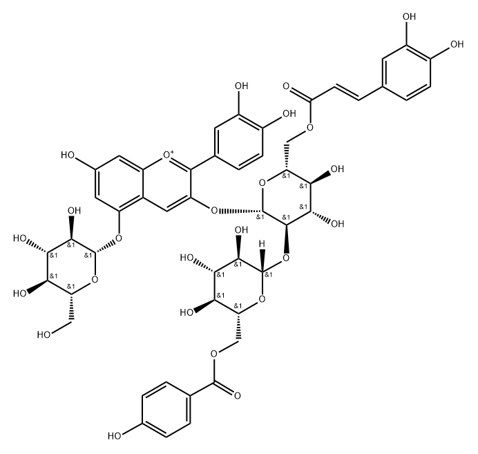 矢车菊素-3-O-[6-O-反式-咖啡酰-(6-O-P-苯甲酰-2-O-Β-葡萄糖苷)]-Β-葡萄糖苷)-5-O-Β-葡萄糖苷,185044-11-5,结构式