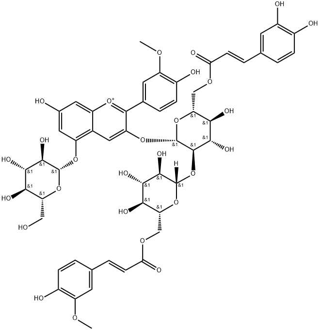 芍药色素-3-O-[6-O-(E)-咖啡酰-2-O-{6-O-(E)-阿魏酰-Β-D-葡萄糖苷}-Β-D-葡萄糖苷]-5-O-Β-D-葡萄糖苷,185044-15-9,结构式