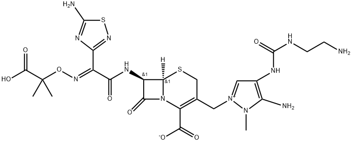 1H-Pyrazolium, 5-amino-4-[[[(2-aminoethyl)amino]carbonyl]amino]-2-[[(6R,7R)-7-[[(2E)-2-(5-amino-1,2,4-thiadiazol-3-yl)-2-[(1-carboxy-1-methylethoxy)imino]acetyl]amino]-2-carboxy-8-oxo-5-thia-1-azabicyclo[4.2.0]oct-2-en-3-yl]methyl]-1-methyl-, inner salt Structure