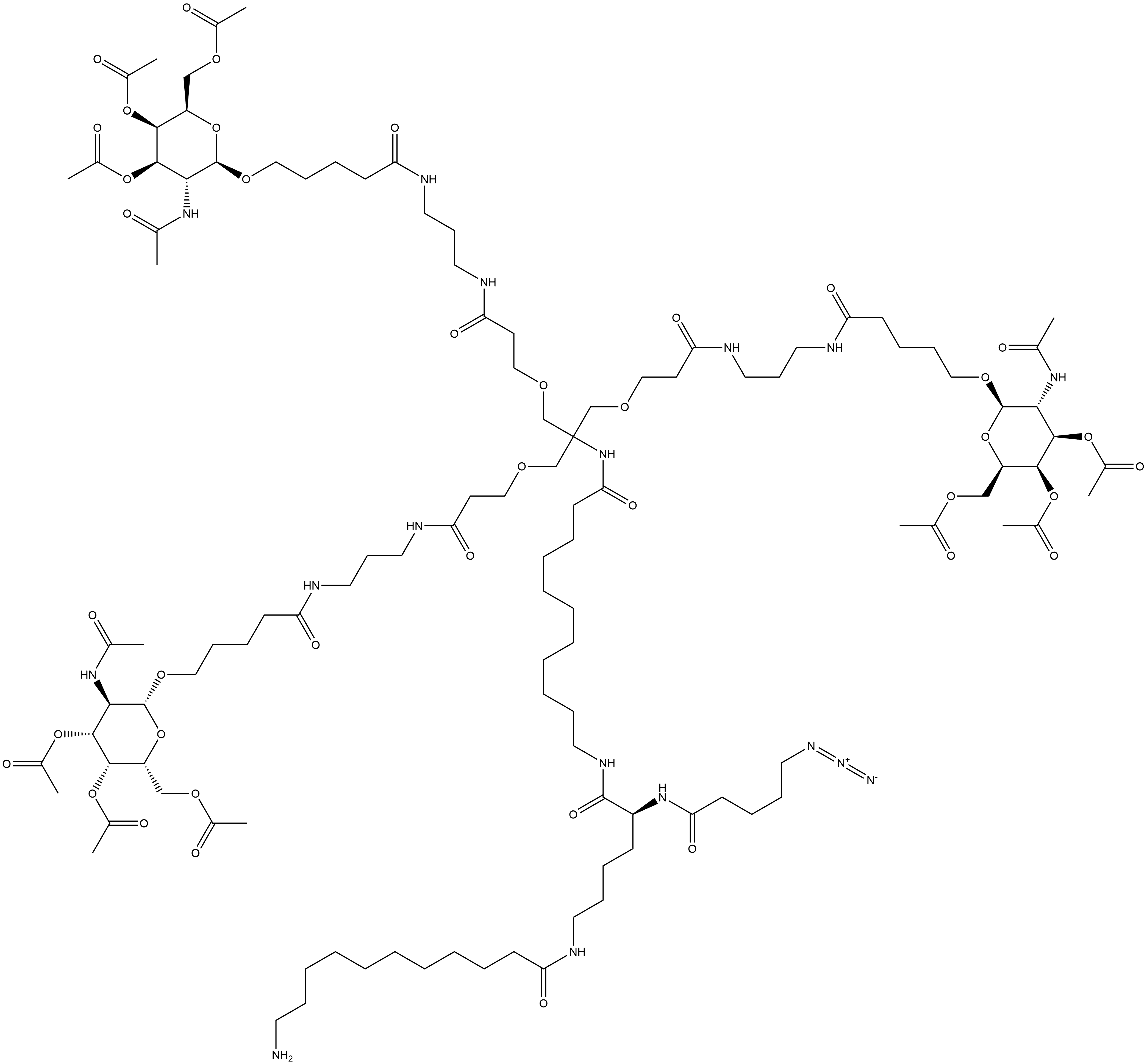 (21S)-37-Amino-8,20,27-trioxo-6,6-bis[[3-oxo-3-[[3-[[1-oxo-5-[[3,4,6-tri-O-acetyl-2-(acetylamino)-2-deoxy-β-D-galactopyranosyl]oxy]pentyl]amino]propyl]amino]propoxy]methyl]-N-[3-[[1-oxo-5-[[3,4,6-tri-O-acetyl-2-(acetylamino)-2-deoxy-β-D-galactopyranosyl]oxy]pentyl]amino]propyl]-4-oxa-7,19,26-triazaheptatriacontanamide Struktur