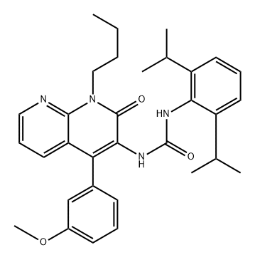 1-[1-ブチル-1,2-ジヒドロ-4-(3-メトキシフェニル)-2-オキソ-1,8-ナフチリジン-3-イル]-3-(2,6-ジ-tert-ブチルフェニル)尿素 化学構造式