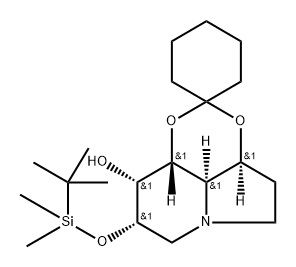 Spirocyclohexane-1,2-1,3dioxino4,5,6-hiindolizin-9-ol, 8-(1,1-dimethylethyl)dimethylsilyloxyoctahydro-, 3aS-(3a.alpha.,8.alpha.,9.alpha.,9a.beta.,9b.alpha.)- Struktur