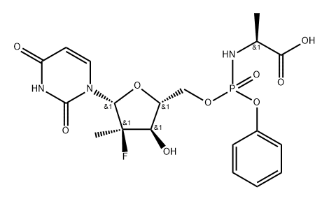 L-Alanine, N-[[P(S),2'R]-2'-deoxy-2'-fluoro-2'-methyl-P-phenyl-5'-uridylyl]- Structure