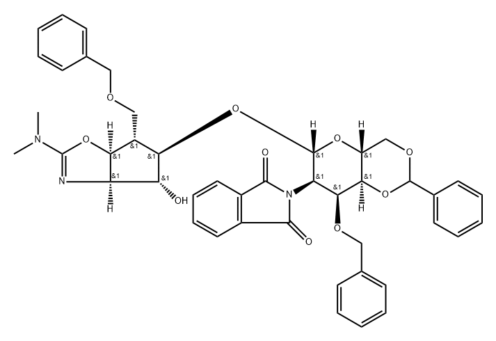 .beta.-D-Allopyranoside, (3aR,4R,5R,6S,6aS)-2-(dimethylamino)-3a,5,6,6a-tetrahydro-4-hydroxy-6-(phenylmethoxy)methyl-4H-cyclopentoxazol-5-yl 2-deoxy-2-(1,3-dihydro-1,3-dioxo-2H-isoindol-2-yl)-3-O-(phenylmethyl)-4,6-O-(phenylmethylene)-,186040-99-3,结构式