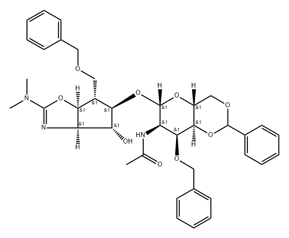 .beta.-D-Allopyranoside, (3aR,4R,5R,6S,6aS)-2-(dimethylamino)-3a,5,6,6a-tetrahydro-4-hydroxy-6-(phenylmethoxy)methyl-4H-cyclopentoxazol-5-yl 2-(acetylamino)-2-deoxy-3-O-(phenylmethyl)-4,6-O-(phenylmethylene)-,186041-01-0,结构式