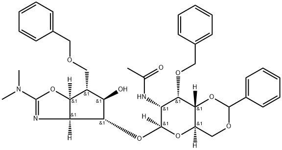 .beta.-D-Allopyranoside, (3aS,4R,5R,6R,6aS)-2-(dimethylamino)-3a,5,6,6a-tetrahydro-5-hydroxy-6-(phenylmethoxy)methyl-4H-cyclopentoxazol-4-yl 2-(acetylamino)-2-deoxy-3-O-(phenylmethyl)-4,6-O-(phenylmethylene)- 结构式