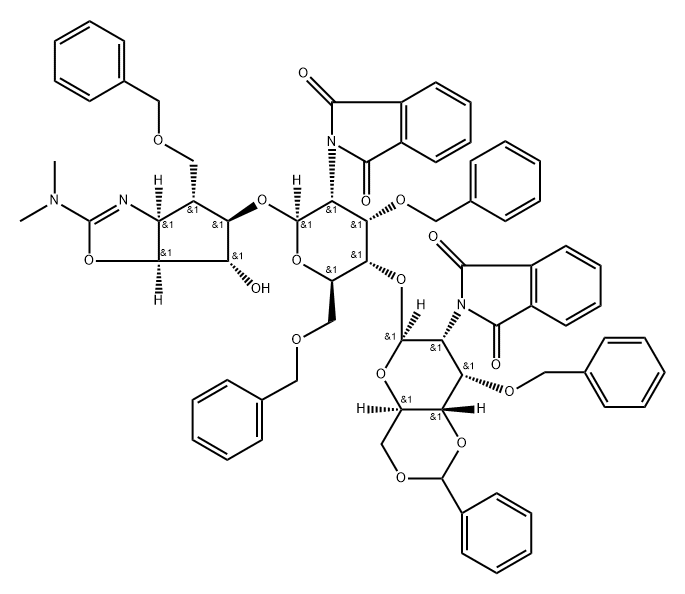 .beta.-D-Allopyranoside, (3aS,4R,5R,6S,6aS)-2-(dimethylamino)-3a,5,6,6a-tetrahydro-6-hydroxy-4-(phenylmethoxy)methyl-4H-cyclopentoxazol-5-yl 2-deoxy-4-O-2-deoxy-2-(1,3-dihydro-1,3-dioxo-2H-isoindol-2-yl)-3-O-(phenylmethyl)-4,6-O-(phenylmethylene)-.beta.-D 结构式