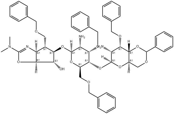 .beta.-D-Allopyranoside, (3aS,4R,5R,6S,6aS)-2-(dimethylamino)-3a,5,6,6a-tetrahydro-6-hydroxy-4-(phenylmethoxy)methyl-4H-cyclopentoxazol-5-yl 2-amino-4-O-2-amino-2-deoxy-3-O-(phenylmethyl)-4,6-O-(phenylmethylene)-.beta.-D-allopyranosyl-2-deoxy-3,6-bis-O-(p Structure