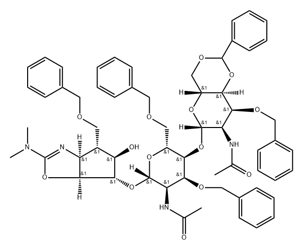.beta.-D-Allopyranoside, (3aS,4R,5R,6S,6aS)-2-(dimethylamino)-3a,5,6,6a-tetrahydro-5-hydroxy-4-(phenylmethoxy)methyl-4H-cyclopentoxazol-6-yl 2-(acetylamino)-4-O-2-(acetylamino)-2-deoxy-3-O-(phenylmethyl)-4,6-O-(phenylmethylene)-.beta.-D-allopyranosyl-2-de 结构式