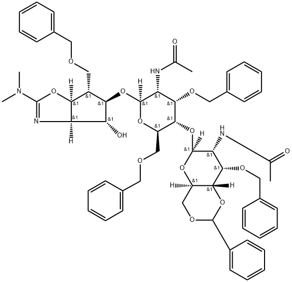 .beta.-D-Allopyranoside, (3aR,4R,5R,6S,6aS)-2-(dimethylamino)-3a,5,6,6a-tetrahydro-4-hydroxy-6-(phenylmethoxy)methyl-4H-cyclopentoxazol-5-yl 2-(acetylamino)-4-O-2-(acetylamino)-2-deoxy-3-O-(phenylmethyl)-4,6-O-(phenylmethylene)-.beta.-D-allopyranosyl-2-de,186041-09-8,结构式