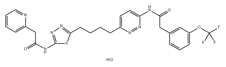2-Pyridineacetamide, N-[5-[4-[6-[[2-[3-(trifluoromethoxy)phenyl]acetyl]amino]-3-pyridazinyl]butyl]-1,3,4-thiadiazol-2-yl]-, hydrochloride (1:1) 化学構造式