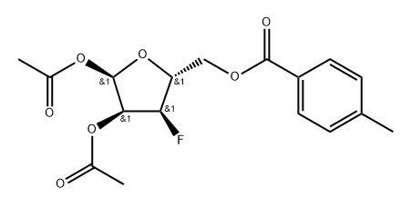 1,2-Di-O-acetyl-3-deoxy-3-fluoro-5-O-toluoyl-a-D-ribofuranose 化学構造式