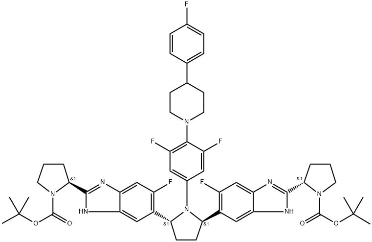 (2S,2'S)-[[(2R, 5R)-1-[3,5-difluoro-4-(4-(4- fluorophenyl)-1-piperidinyl)phenyl]-2,5-pyrrolidinediyl]bis[6-fluoro-2-(2S)-2-pyrrolidinyl 1H-benzimidzol e-2,5-diyl)]bis(1-pyrrolidinecarboxylic acid, 1,1'-bis(1,1'-dimethylethyl)ester Structure