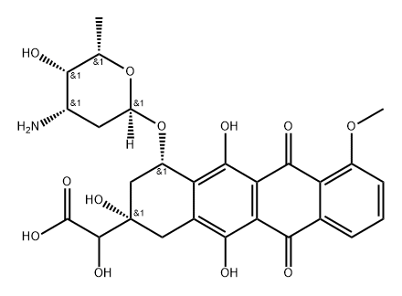 2-Naphthaceneacetic acid, 4-[(3-amino-2,3,6-trideoxy-α-L-lyxo-hexopyranosyl)oxy]-1,2,3,4,6,11-hexahydro-α,2,5,12-tetrahydroxy-7-methoxy-6,11-dioxo-, (2S,4S)- 化学構造式