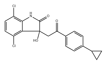 2H-Indol-2-one, 4,7-dichloro-3-[2-(4-cyclopropylphenyl)-2-oxoethyl]-1,3-dihydro-3-hydroxy-, (+)- Struktur