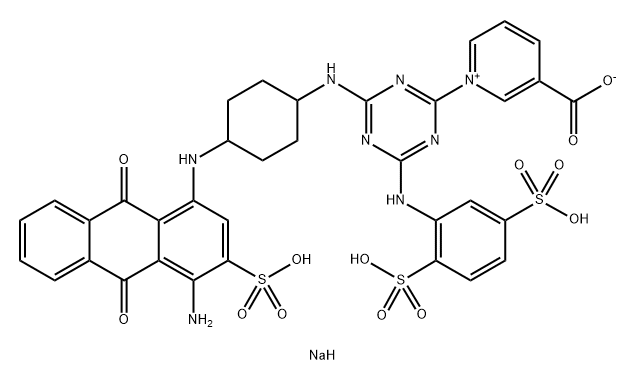 Pyridinium, 1-[4-[[4-[(4-amino-9,10-dihydro-9,10-dioxo-3-sulfo-1-anthracenyl)amino]cyclohexyl]amino]-6-[(2,5-disulfophenyl)amino]-1,3,5-triazin-2-yl]-3-carboxy-, inner salt, sodium salt (1:3) Structure