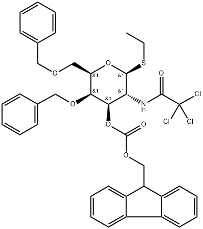 β-D-Galactopyranoside, ethyl 2-deoxy-4,6-bis-O-(phenylmethyl)-1-thio-2-[(2,2,2-trichloroacetyl)amino]-, 3-(9H-fluoren-9-ylmethyl carbonate),1937239-42-3,结构式
