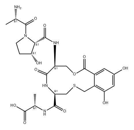 L-Alanine, L-alanyl-(3R)-3-hydroxy-L-prolyl-O-[3,5-dihydroxy-2-(mercaptomethyl)benzoyl]-L-seryl-L-cysteinyl-, cyclic (3→4)-thioether (9CI)|环硫里啶 B