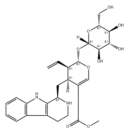 3α-ビニル-2β-(β-D-グルコピラノシルオキシ)-3,4-ジヒドロ-4α-[[(1R)-2,3,4,9-テトラヒドロ-1H-ピリド[3,4-b]インドール-1-イル]メチル]-2H-ピラン-5-カルボン酸メチル 化学構造式