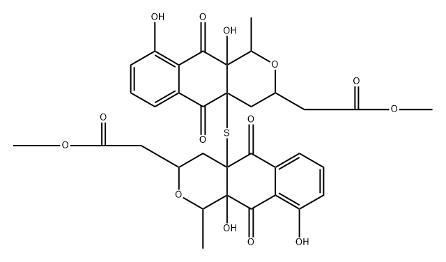 1H-Naphtho[2,3-c]pyran-3-acetic acid, 4a,4'a-thiobis[3,4,4a,5,10,10a-hexahydro-9,10a-dihydroxy-1-methyl-5,10-dioxo-, dimethyl ester, (1R,1'R,3R,3'R,4aR,4'aR,10aS,10'aS)- Struktur