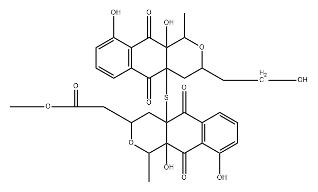 1H-Naphtho[2,3-c]pyran-3-acetic acid, 4a-[[1,3,4,5,10,10a-hexahydro-9,10a-dihydroxy-3-(2-hydroxyethyl)-1-methyl-5,10-dioxo-4aH-naphtho[2,3-c]pyran-4a-yl]thio]-3,4,4a,5,10,10a-hexahydro-9,10a-dihydroxy-1-methyl-5,10-dioxo-, methyl ester, (-)- Structure
