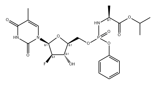 L-Alanine, N-[(S)-hydroxyphenoxyphosphinyl]-, 1-methylethyl ester, 5'-ester with 1-(2-deoxy-2-fluoro-β-L-arabinofuranosyl)-5-methyl-2,4(1H,3H)-pyrimidinedione Struktur