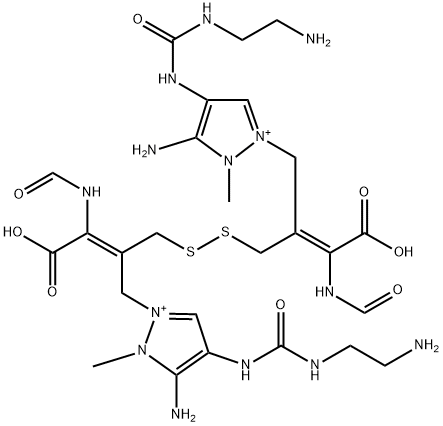 1H-Pyrazolium, 2,2'-[dithiobis[(2Z)-2-[carboxy(formylamino)methylene]-3,1-propanediyl]]bis[5-amino-4-[[[(2-aminoethyl)amino]carbonyl]amino]-1-methyl- Struktur