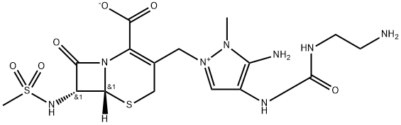 1H-Pyrazolium, 5-amino-4-[[[(2-aminoethyl)amino]carbonyl]amino]-2-[[(6R,7R)-2-carboxy-7-[(methylsulfonyl)amino]-8-oxo-5-thia-1-azabicyclo[4.2.0]oct-2-en-3-yl]methyl]-1-methyl-, inner salt Structure