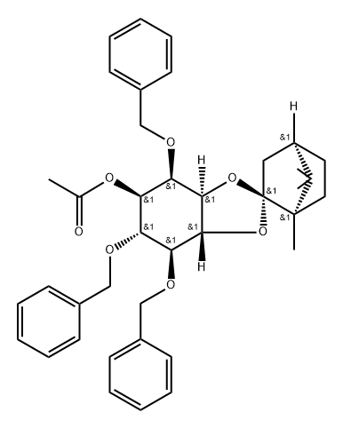 D-myo-Inositol, 2,4,5-tris-O-(phenylmethyl)-1,6-O-(1R,2R,4R)-1,7,7-trimethylbicyclo2.2.1hept-2-ylidene-, acetate Structure