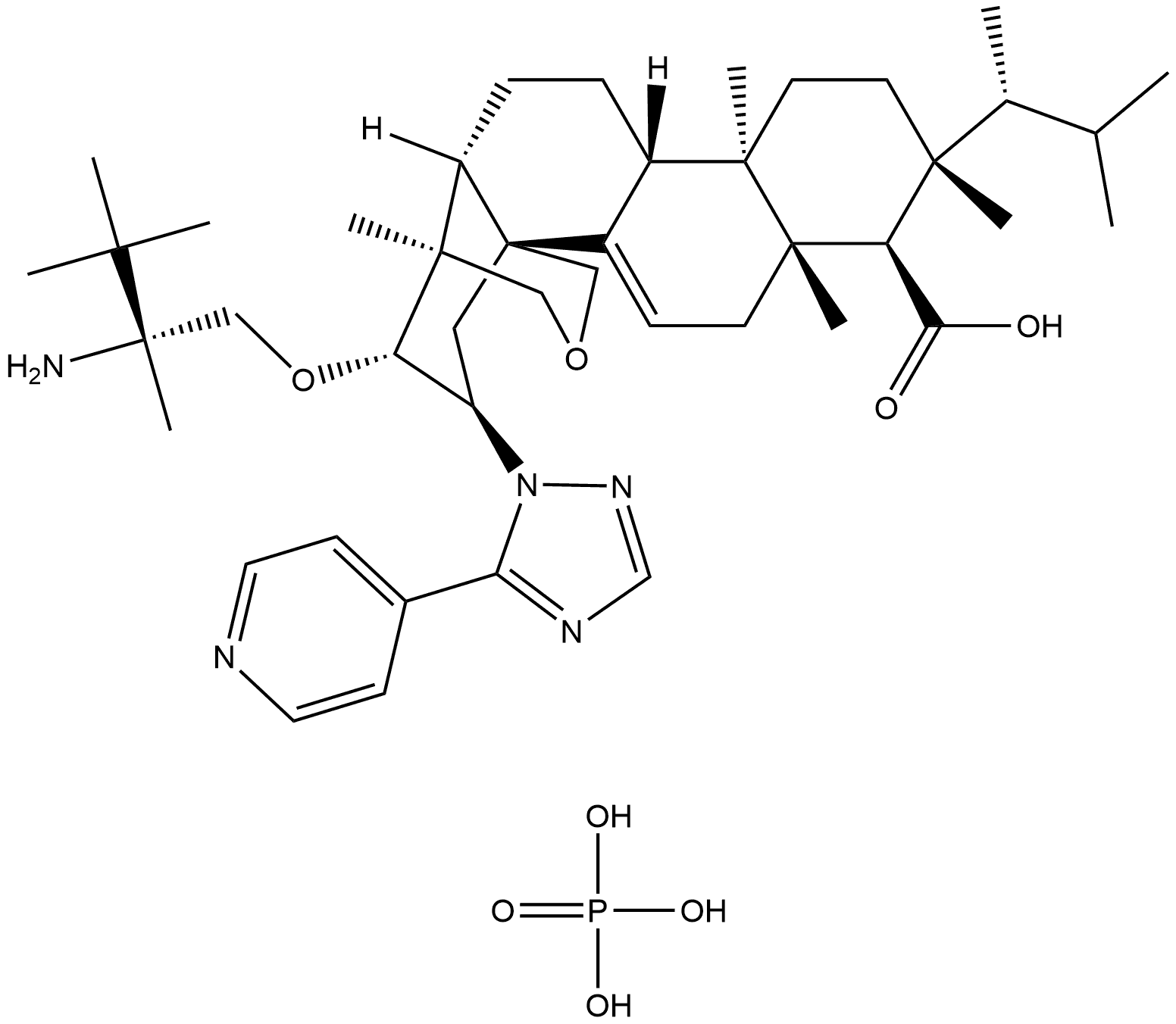 1965291-14-8 4H-1,4a-Propano-2H-phenanthro[1,2-c]pyran-7-carboxylic acid, 15-[(2R)-2-amino-2,3,3-trimethylbutoxy]-8-[(1R)-1,2-dimethylpropyl]-1,6,6a,7,8,9,10,10a,10b,11,12,12a-dodecahydro-1,6a,8,10a-tetramethyl-14-[5-(4-pyridinyl)-1H-1,2,4-triazol-1-yl]-, (1S,4aR,6aS,7R,8R,10aR,10bR,12aR,14R,15R)-, phosphate (1:…