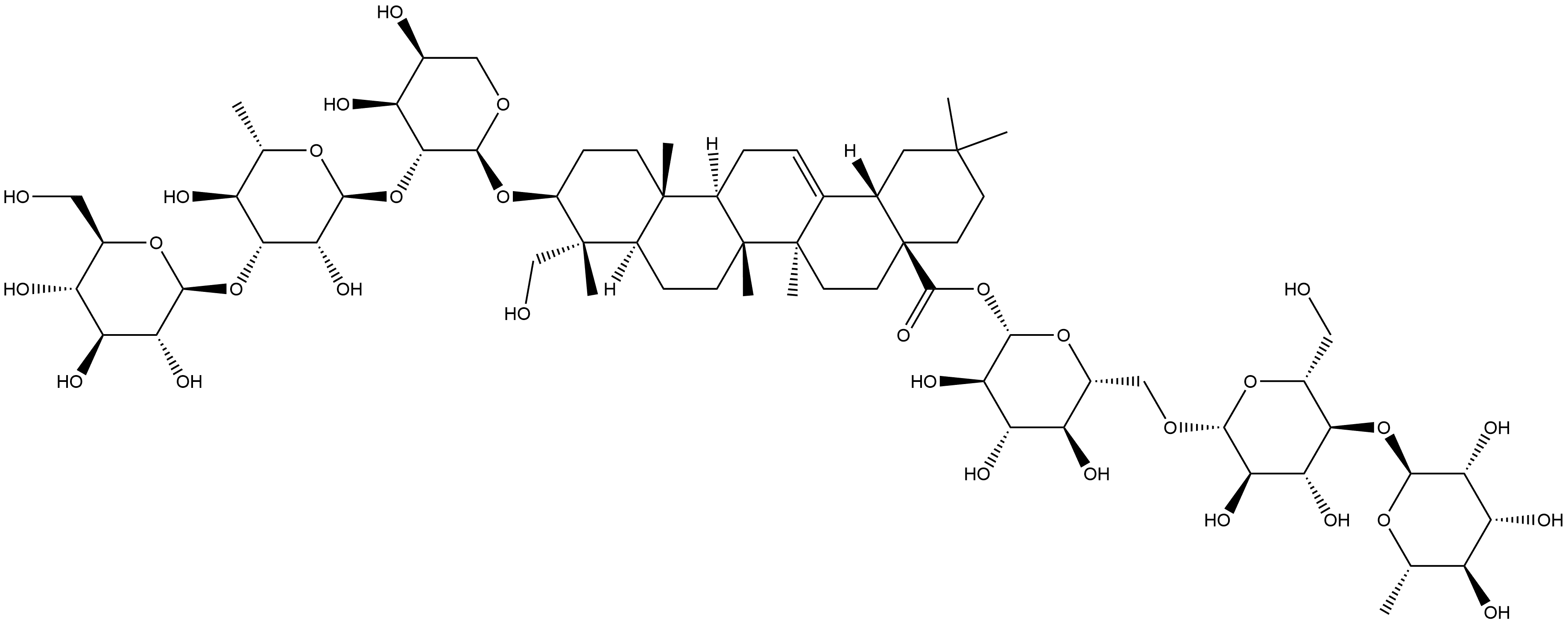 Olean-12-en-28-oic acid, 3-[(O-β-D-glucopyranosyl-(1→3)-O-6-deoxy-α-L-mannopyranosyl-(1→2)-α-L-arabinopyranosyl)oxy]-23-hydroxy-, O-6-deoxy-α-L-mannopyranosyl-(1→4)-O-β-D-glucopyranosyl-(1→6)-β-D-glucopyranosyl ester, (3β,4α)- Struktur