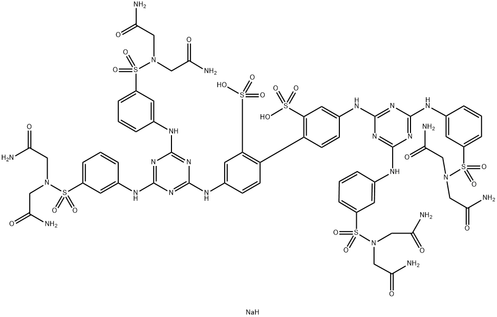 [1,1'-Biphenyl]-2,2'-disulfonic acid, 4,4'-bis[[4,6-bis[[3-[[bis(2-amino-2-oxoethyl)amino]sulfonyl]phenyl]amino]-1,3,5-triazin-2-yl]amino]-, sodium salt (1:2) Structure