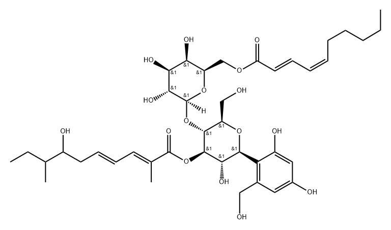 D-Glucitol, 1,5-anhydro-1-C-[2,4-dihydroxy-6-(hydroxymethyl)phenyl]-4-O-[6-O-[(2E,4Z)-1-oxo-2,4-decadienyl]-β-D-galactopyranosyl]-, 3-[(2E,4E)-7-hydroxy-2,8-dimethyl-2,4-decadienoate], (1S)- 化学構造式