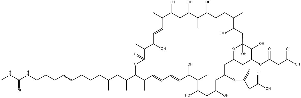 Propanedioic acid, 5,7,9,19,23,25,27,31,33,34-decahydroxy-15-[11-[[imino(methylamino)methyl]amino]-1,3-dimethyl-7-undecenyl]-8,14,18,22,26,30-hexamethyl-17-oxo-16,37-dioxabicyclo[31.3.1]heptatriaconta-10,12,20-triene-3,35-diyl ester (9CI) Struktur