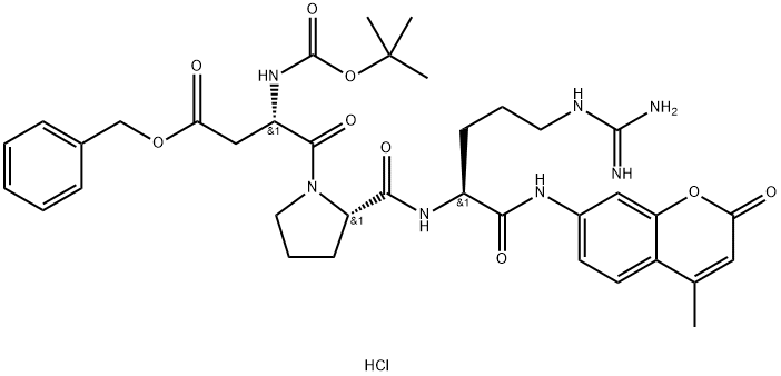 (S)-3-((叔丁氧羰基)氨基)-4-((S)-2-(((S)-5-胍基-1-((4-甲基-2-氧代-2H-色烯-7-基)氨基)-1-氧代戊-2-基)氨基甲酰基)吡咯烷-1-基)-4-氧代丁酸苄酯盐酸盐 结构式