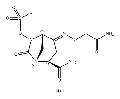 Sulfuric acid, mono[(1R,2S,5S)-2-(aminoca rbonyl)-4-[(2-amino-2-oxoethoxy)imino]-7- oxo-1,6-diazabicyclo[3.2.1]oct-6-yl] ester, sodium salt (1:1) Struktur