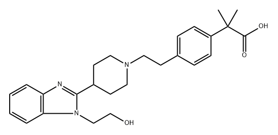 Benzeneacetic acid, 4-[2-[4-[1-(2-hydroxyethyl)-1H-benzimidazol-2-yl]-1-piperidinyl]ethyl]-α,α-dimethyl- 化学構造式