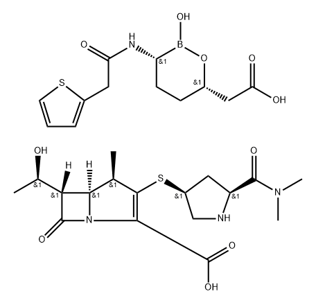 1-Azabicyclo[3.2.0]hept-2-ene-2-carboxylic acid, 3-[[(3S,5S)-5-[(dimethylamino)carbonyl]-3-pyrrolidinyl]thio]-6-[(1R)-1-hydroxyethyl]-4-methyl-7-oxo-, (4R,5S,6S)-, mixt. with (3R,6S)-2-hydroxy-3-[[2-(2-thienyl)acetyl]amino]-1,2-oxaborinane-6-acetic acid Structure