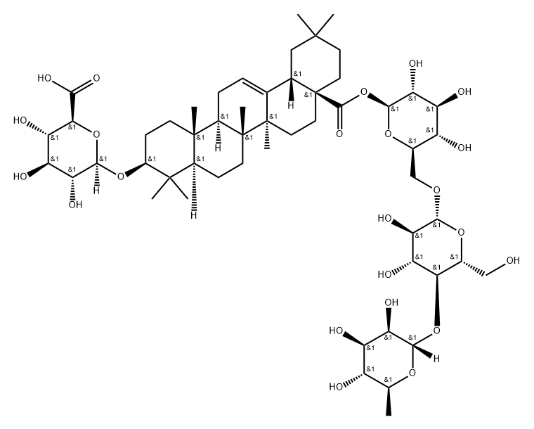 β-D-Glucopyranosiduronic acid, (3β)-28-[(O-6-deoxy-α-L-mannopyranosyl-(1→4)-O-β-D-glucopyranosyl-(1→6)-β-D-glucopyranosyl)oxy]-28-oxoolean-12-en-3-yl Struktur