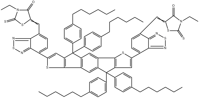 4-Thiazolidinone, 5,5'-[[4,4,9,9-tetrakis(4-hexylphenyl)-4,9-dihydro-s-indaceno[1,2-b:5,6-b']dithiophene-2,7-diyl]bis(2,1,3-benzothiadiazole-7,4-diylmethylidyne)]bis[3-ethyl-2-thioxo- 结构式