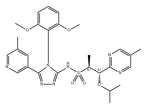 2-Pyrimidineethanesulfonamide, N-[4-(2,6-dimethoxyphenyl)-5-(5-methyl-3-pyridinyl)-4H-1,2,4-triazol-3-yl]-α,5-dimethyl-β-(1-methylethoxy)-, (αS,βS)- 化学構造式