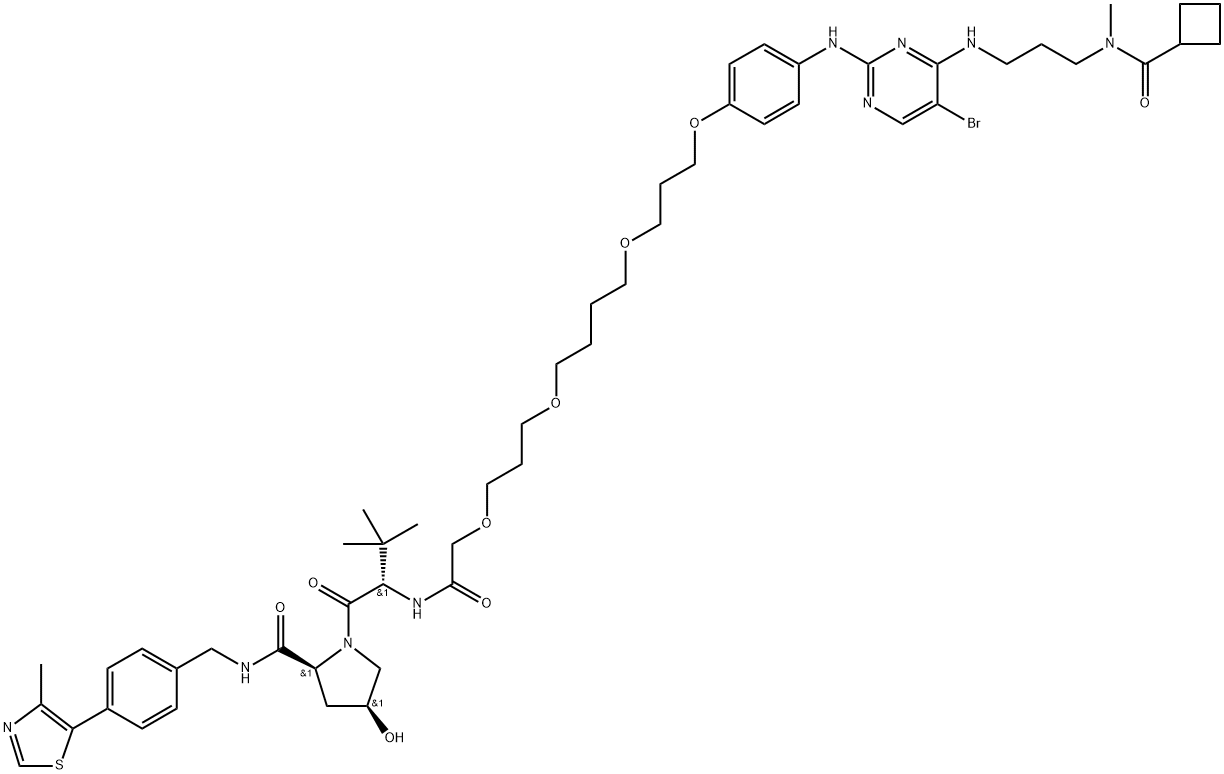 L-Prolinamide, N-[2-[3-[4-[3-[4-[[5-bromo-4-[[3-[(cyclobutylcarbonyl)methylamino]propyl]amino]-2-pyrimidinyl]amino]phenoxy]propoxy]butoxy]propoxy]acetyl]-3-methyl-L-valyl-4-hydroxy-N-[[4-(4-methyl-5-thiazolyl)phenyl]methyl]-, (4S)- Struktur