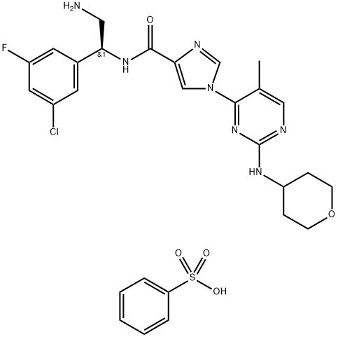 1H-Imidazole-4-carboxamide, N-[(1S)-2-amino-1-(3-chloro-5-fluorophenyl)ethyl]-1-[5-methyl-2-[(tetrahydro-2H-pyran-4-yl)amino]-4-pyrimidinyl]-, compd. with benzenesulfonate (1:1) 化学構造式