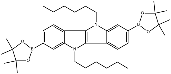 OC1051, 	5,10-Dihexyl-2,7-bis(4,4,5,5-tetramethyl-1,3,2-dioxaborolan-2-yl)-5,10-dihydroindolo[3,2-b]indole Struktur